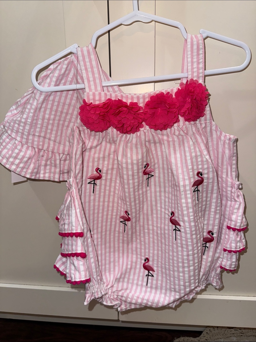 🌼LAST CHANCE🌼 Baby Starters Pink and White Striped Flamingo romper with hat